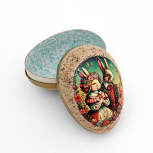 3-1/2" Folkloric Bunnies Speckled Egg Paper Mache Easter Egg Box ~ Germany